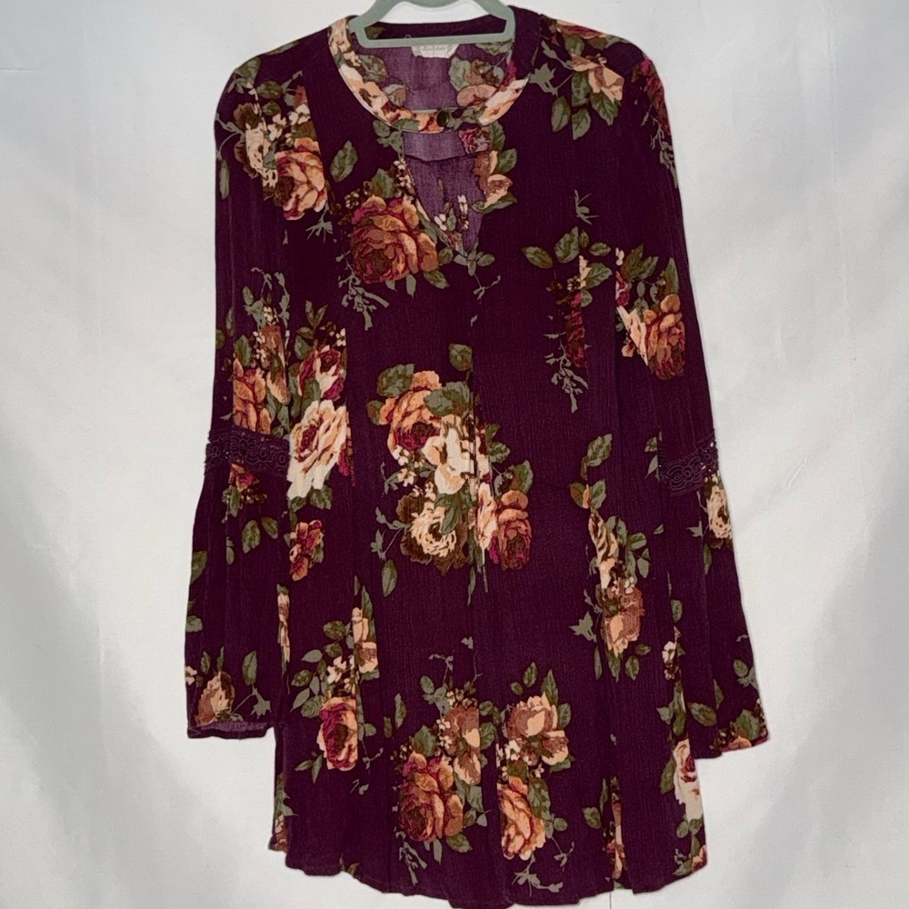Altar’d State Wine Floral Mini Swing Dress Long Bell Sleeves Large EUC